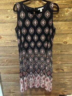 Dana Buchman Navy Dress with Red and Cream Geometric Print